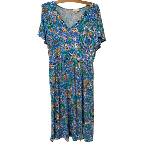 Ann Taylor LOFT OUTLET | Dress Midi Floral Blue Short Sleeve- Large Petite - Picture 1 of 8